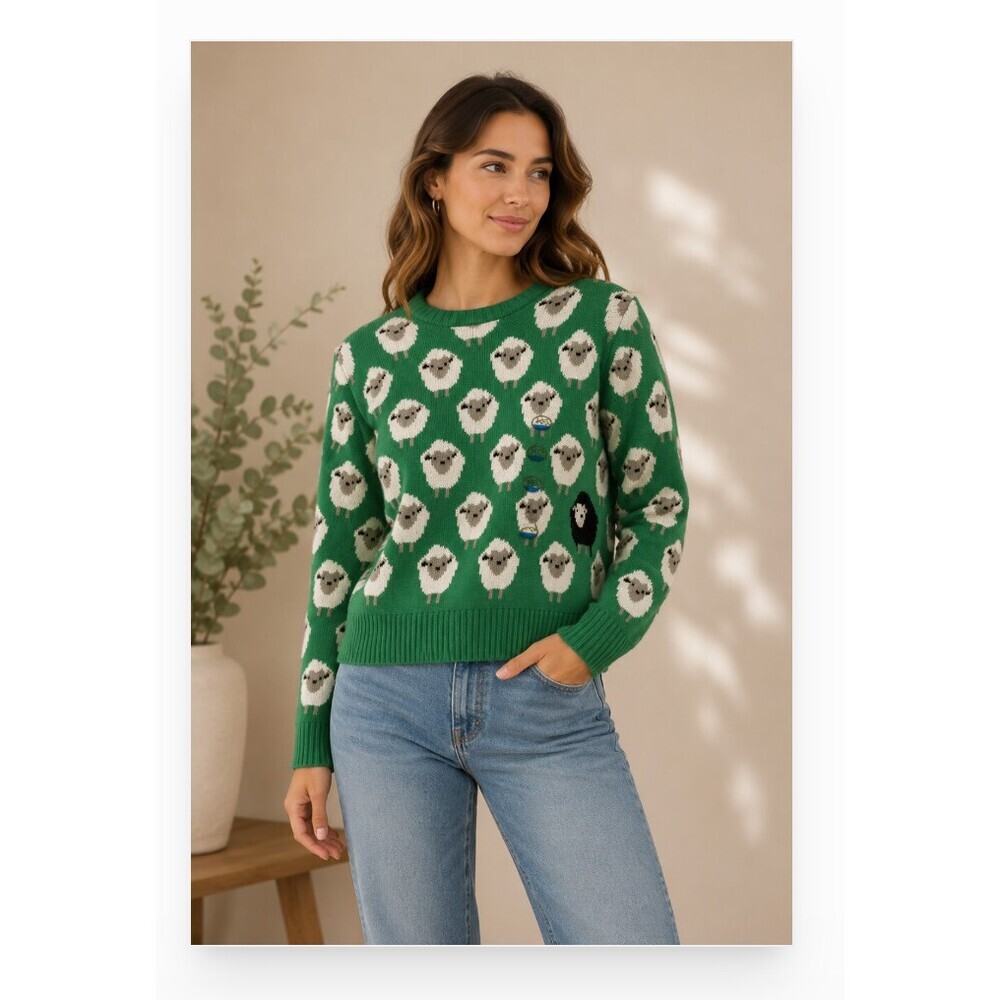 Traditional Craft Ltd Sweater Womens XS Green Sheep Graphic Crew Neck Pullover